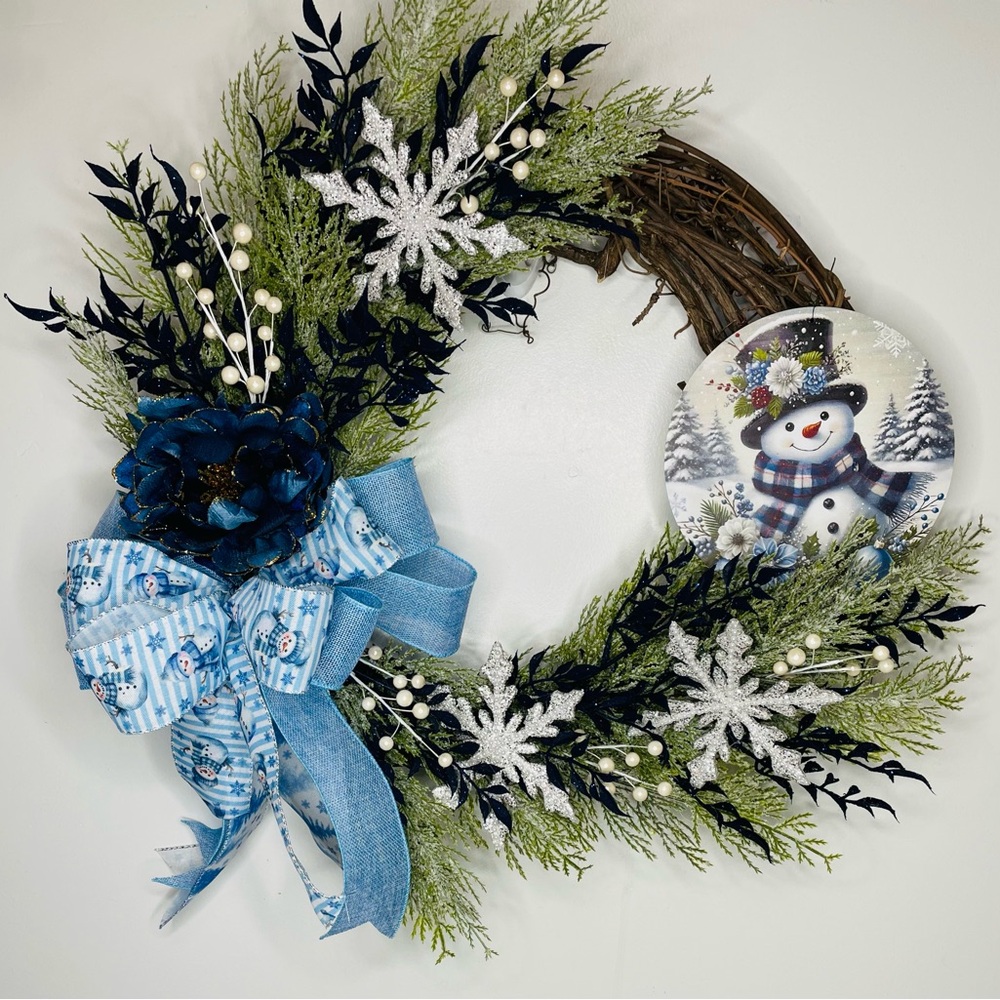 Festive Snowman Holiday Wreath with Blue Accents